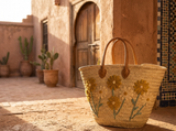 Moroccan Straw Tote with Golden & Cream Daisies