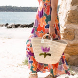 Purple Flower Straw Basket Bag - Practical Handmade bag