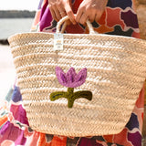 Purple Flower Straw Basket Bag - Practical Handmade bag