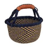African Bolga Baskets : Navy/Nat. Mini w/Leather (G-149AN+)