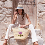 Purple Flower Straw Basket Bag - Practical Handmade bag