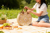 Round Daisy Straw Basket with Leather Handles - Handmade Bag
