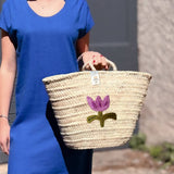 Purple Flower Straw Basket Bag - Practical Handmade bag