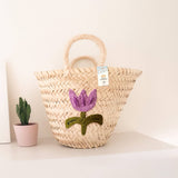 Purple Flower Straw Basket Bag - Practical Handmade bag