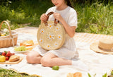Round Daisy Straw Basket with Leather Handles - Handmade Bag