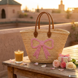 Pink Bow Embroidered Straw Bag – Valentine Gift Ready