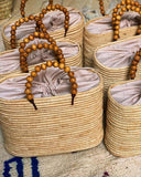 Handcrafted Moroccan Raffia Bag with Wooden Bead Handles ~ Large