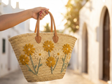 Moroccan Straw Tote with Golden & Cream Daisies