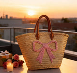 Pink Bow Embroidered Straw Bag – Valentine Gift Ready