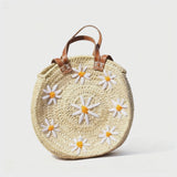 Round Daisy Straw Basket with Leather Handles ~ Medium