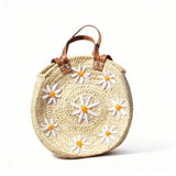 Round Daisy Straw Basket with Leather Handles - Handmade Bag