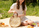 Round Daisy Straw Basket with Leather Handles - Handmade Bag