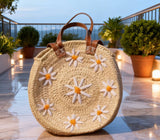 Round Daisy Straw Basket with Leather Handles - Handmade Bag