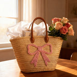 Pink Bow Embroidered Straw Bag – Valentine Gift Ready